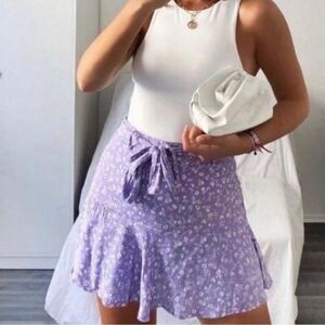 Zara Belted Lavender Ditsy Floral Ruffle Pleated Mini Skort Cottagecore Boho